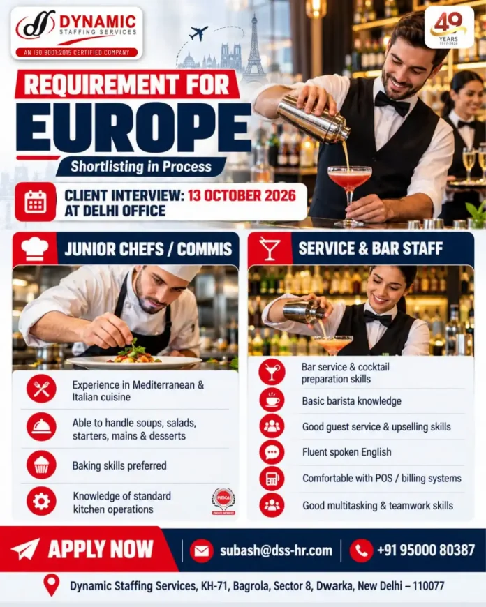 Junior Chefs, Commis, Service and Bar Staff jobs in Europe with client interview in Delhi on 13 October 2026