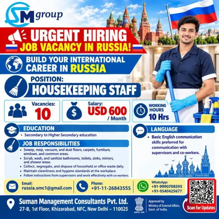 Housekeeping staff job vacancy in Russia for Indian candidates