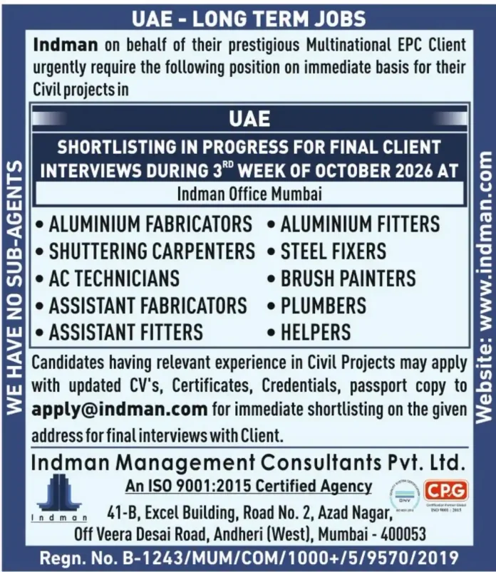 UAE long term civil project jobs hiring by Indman with client interviews in Mumbai October 2026