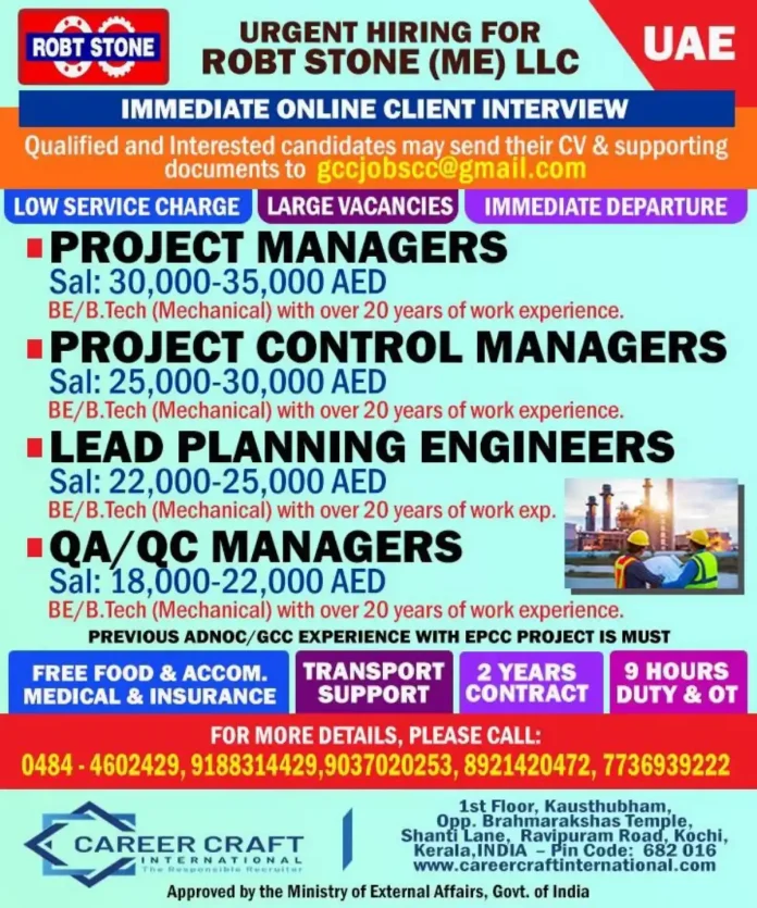 ROBT STONE ME LLC UAE job vacancies for project managers and engineers