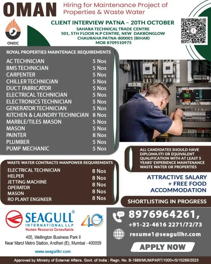 Oman maintenance jobs client interview in Patna on 20th October