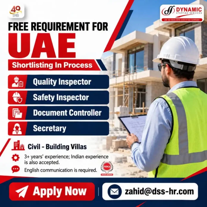 Dynamic Staffing Services UAE Jobs – Quality Inspector, Safety Inspector, Document Controller, Secretary and Civil Building Villas