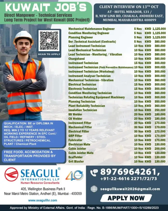 Kuwait KOC Project job vacancy for engineers and technicians