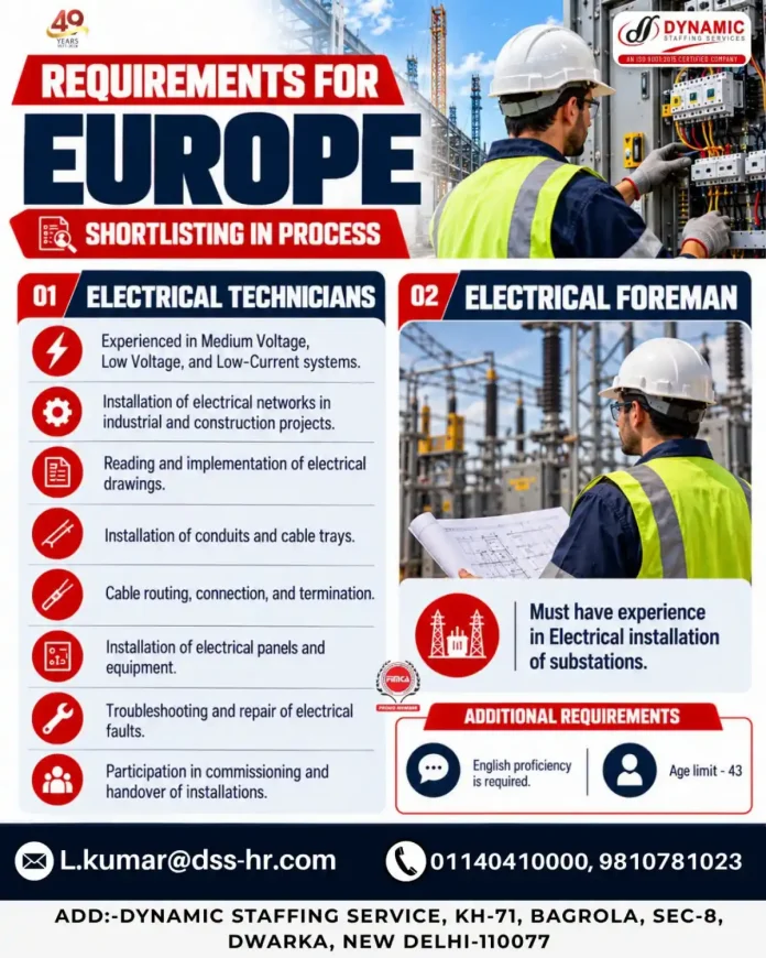 Electrical Technicians and Electrical Foreman jobs in Europe at Dynamic Staffing Services