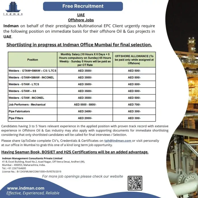 Indman free recruitment UAE offshore Oil & Gas jobs for welders, pipe fabricators and pipe fitters