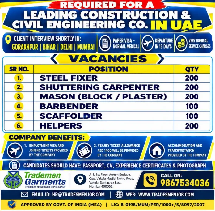 UAE construction jobs for Indian workers - steel fixer, carpenter, mason, helper recruitment