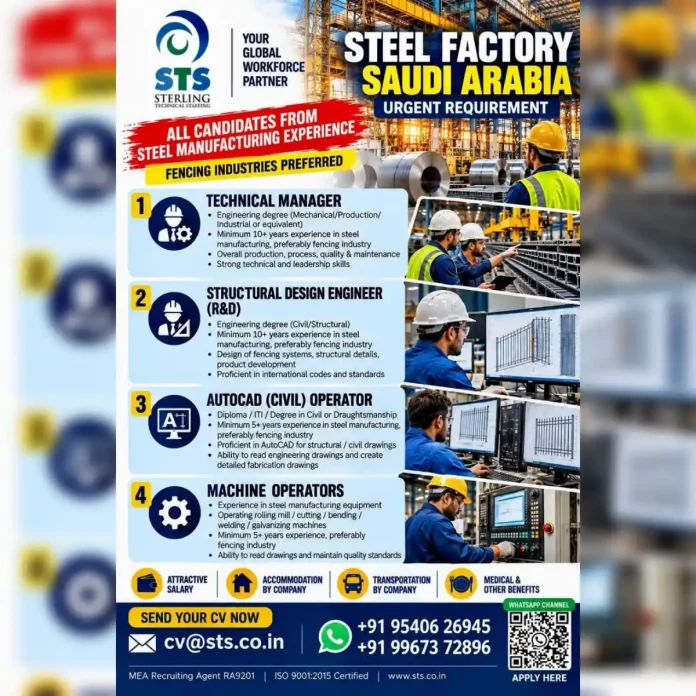 Steel factory jobs in Saudi Arabia - STS Sterling Technical Staffing hiring technical manager, design engineer, AutoCAD operator, machine operators